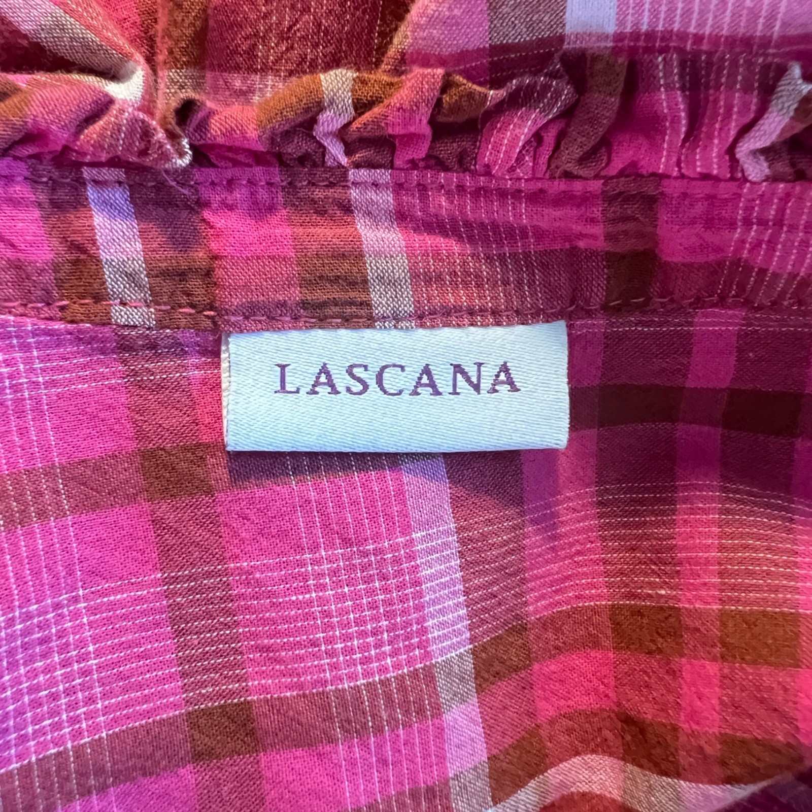 Lascana Plaid Henley Blouse 10 Womens Pink Ruffle Puff Sleeve Cotton Cottagecore