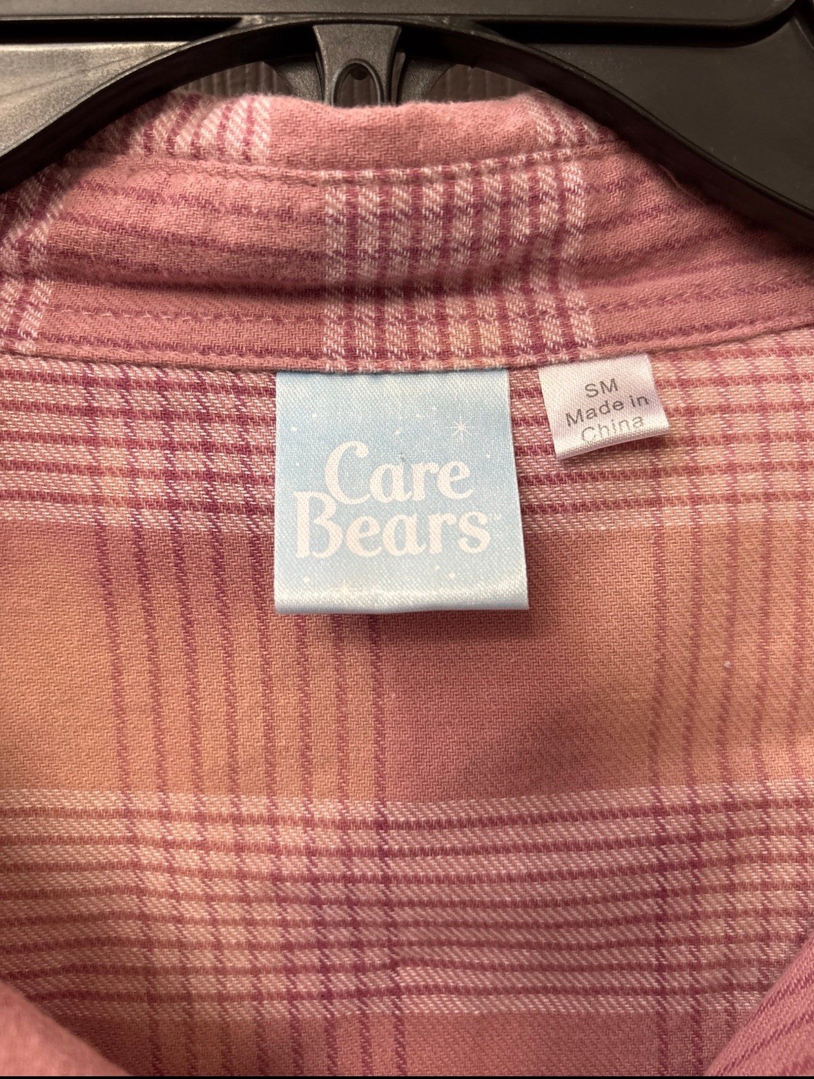 Care Bears Women’s Pink Plaid Button-Up Collared Long Sleeve Shirt S/M