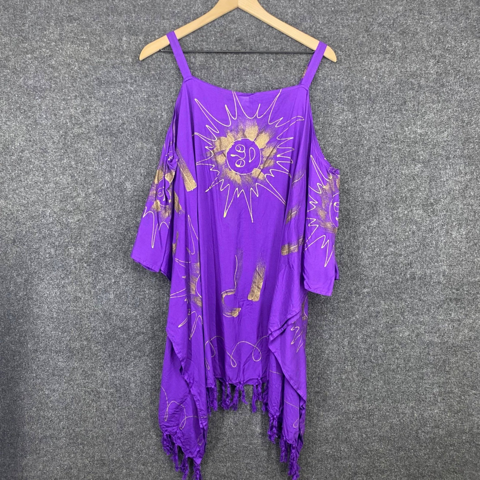 Purple Celestial Sun Moon Cold Shoulder Tunic Gold Fringe Boho Festival Top