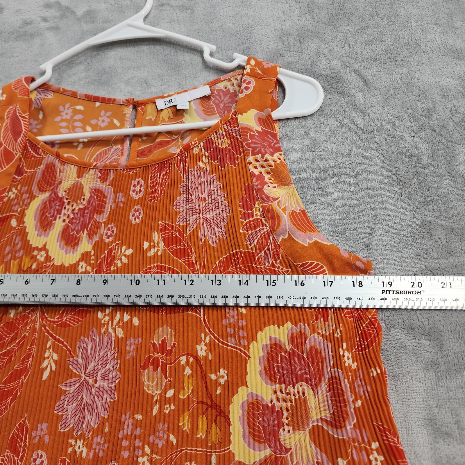 DR2 Tank Womens M Orange Floral Pleated Chiffon Scoop Neck Sleeveless Top Boho