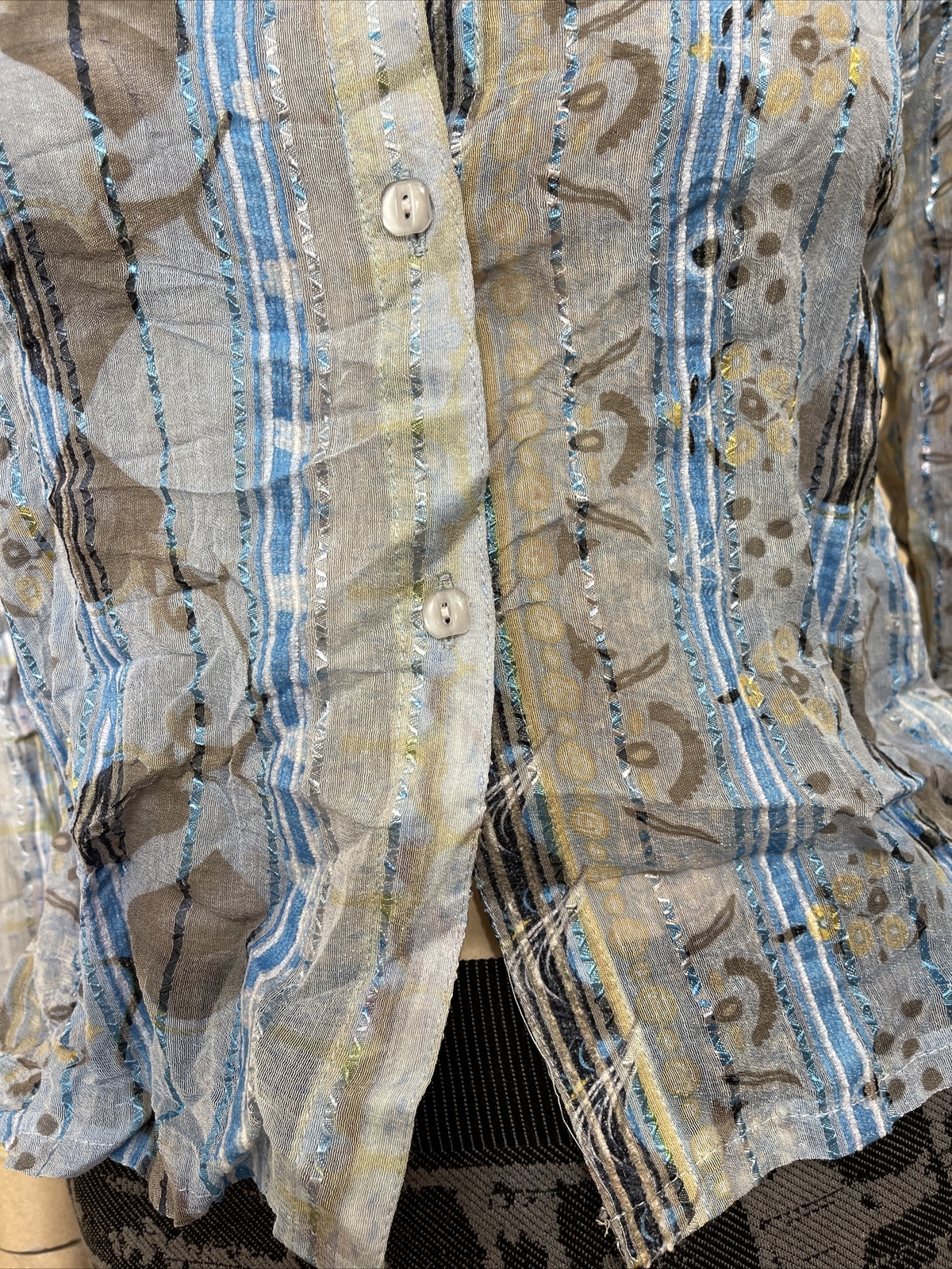 Women’s Light Blue Floral Polyester Casual Strip Pleat Size S Button Blouse Top