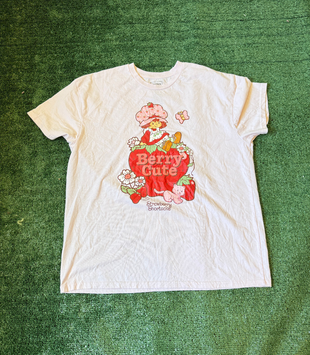 Strawberry Shortcake Size XL Pink Crew Neck Tee Shirt Berry Cute Print