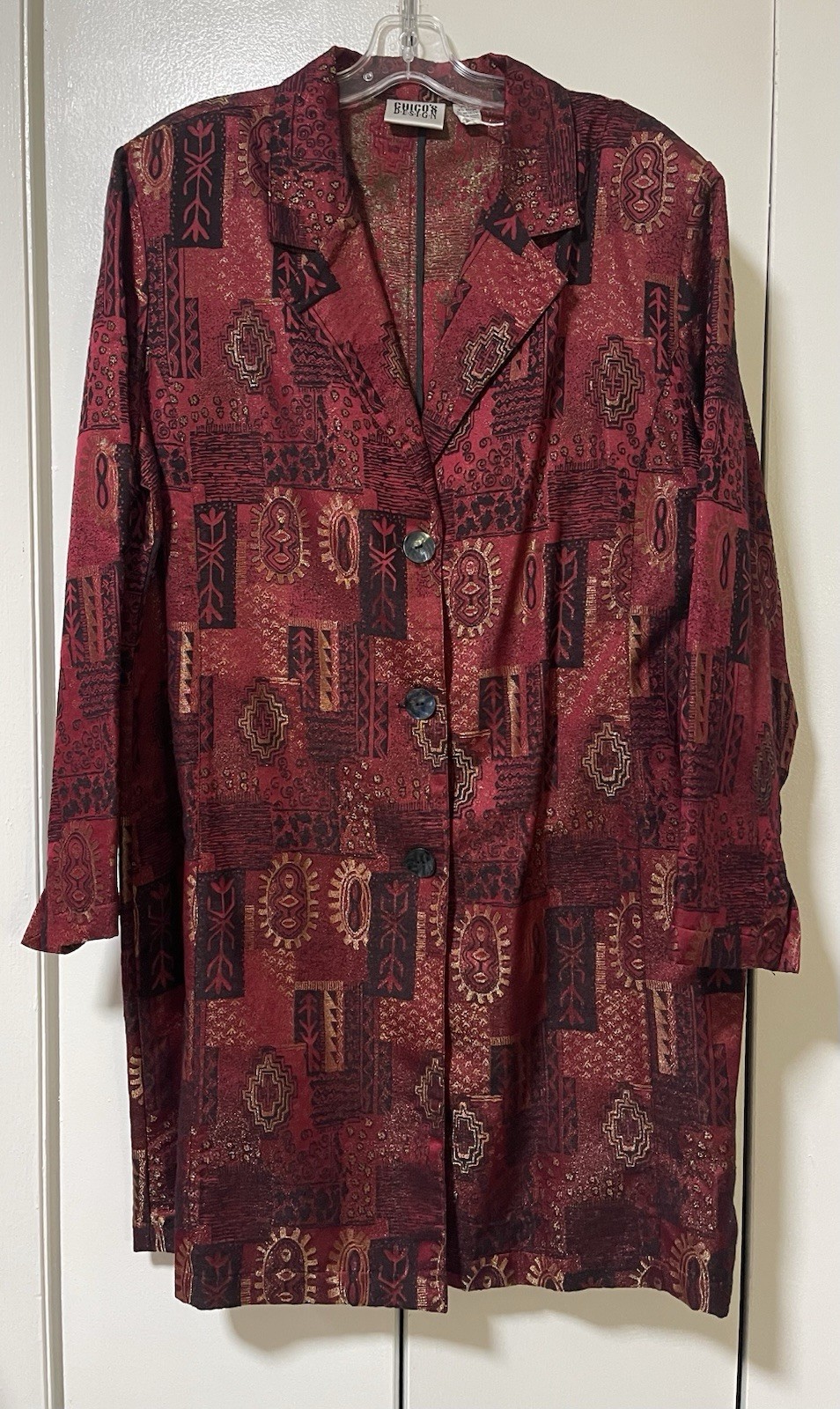 Chico’s Design Burgundy Patchwork-Print Trench Coat with Black and Gold Details