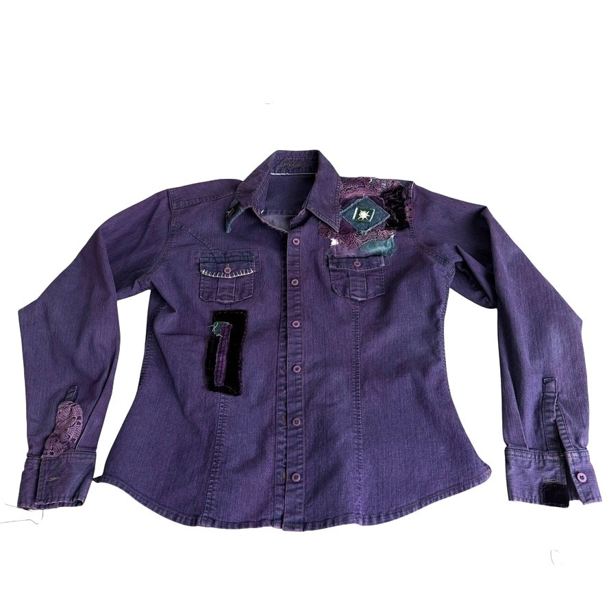 Riders Patchwork Shirt Women Size Medium Purple Rodeo Western Boho Chic Unique