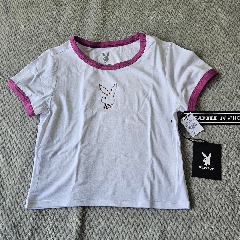 Playboy Ringer Tee Women’s S White w/DkPink Trim Rhinestone Bunny NWT