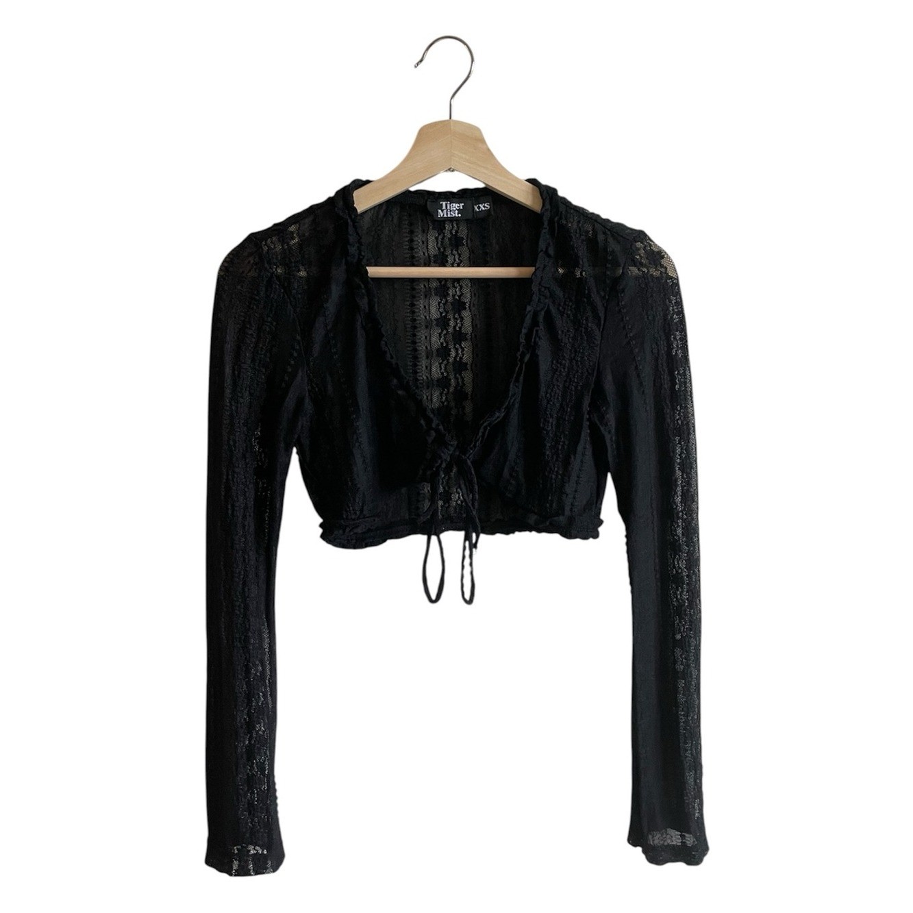 Tiger Mist XXS Modern Show Girl Poetcore Tie-Front Elphaba Lace Slasher Crop Top