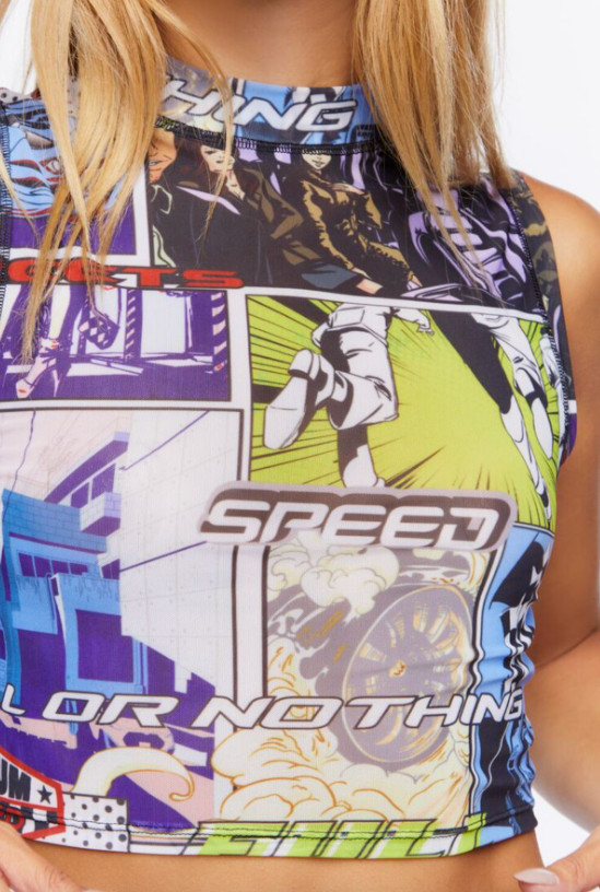 Comic Book Graphic Print Mesh Crop Top Shirt woman’s MEDIUM 80s 90s Y2K street
