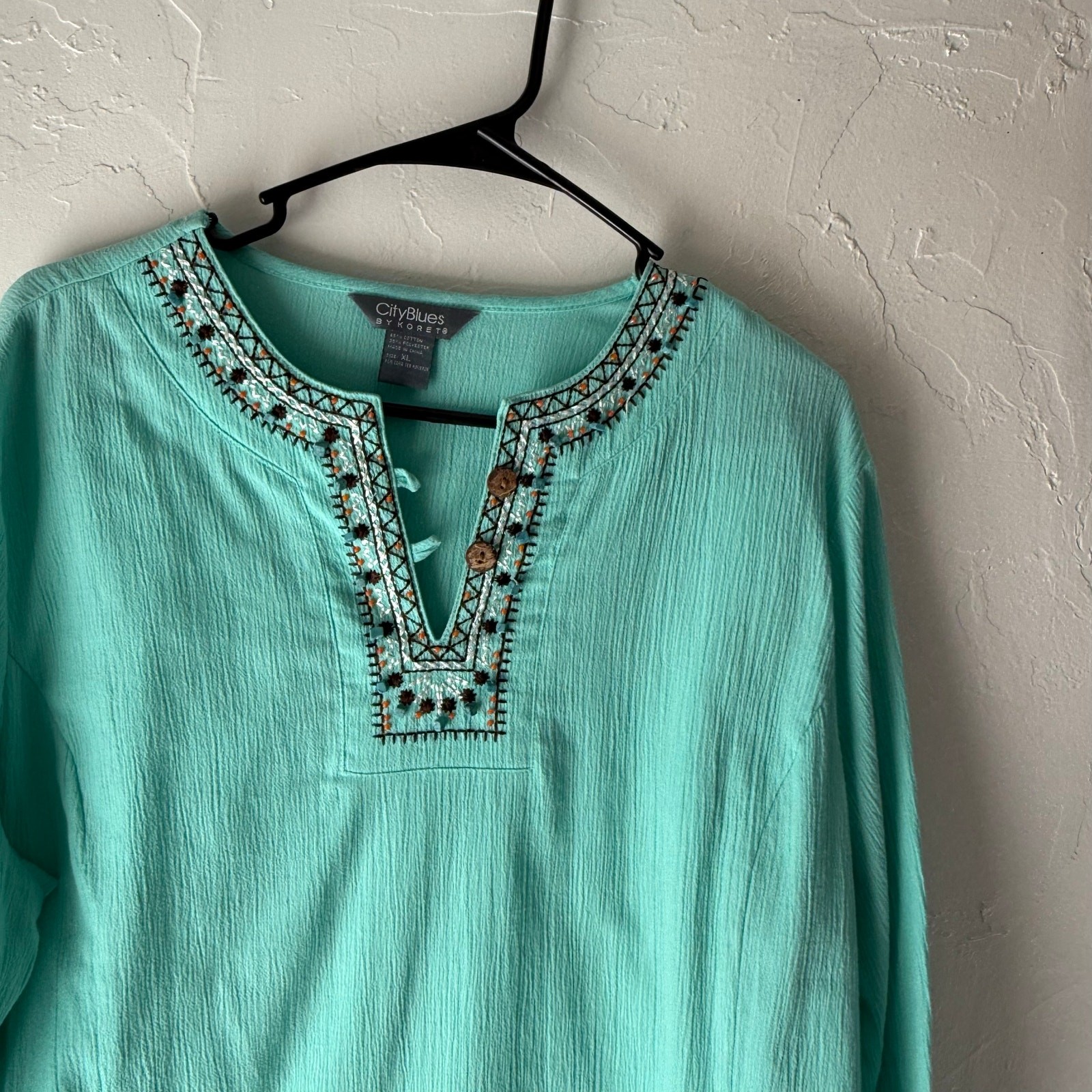City Blues Size XL Teal Green Beaded Art To Wear Cotton Boho Lagen Blouse