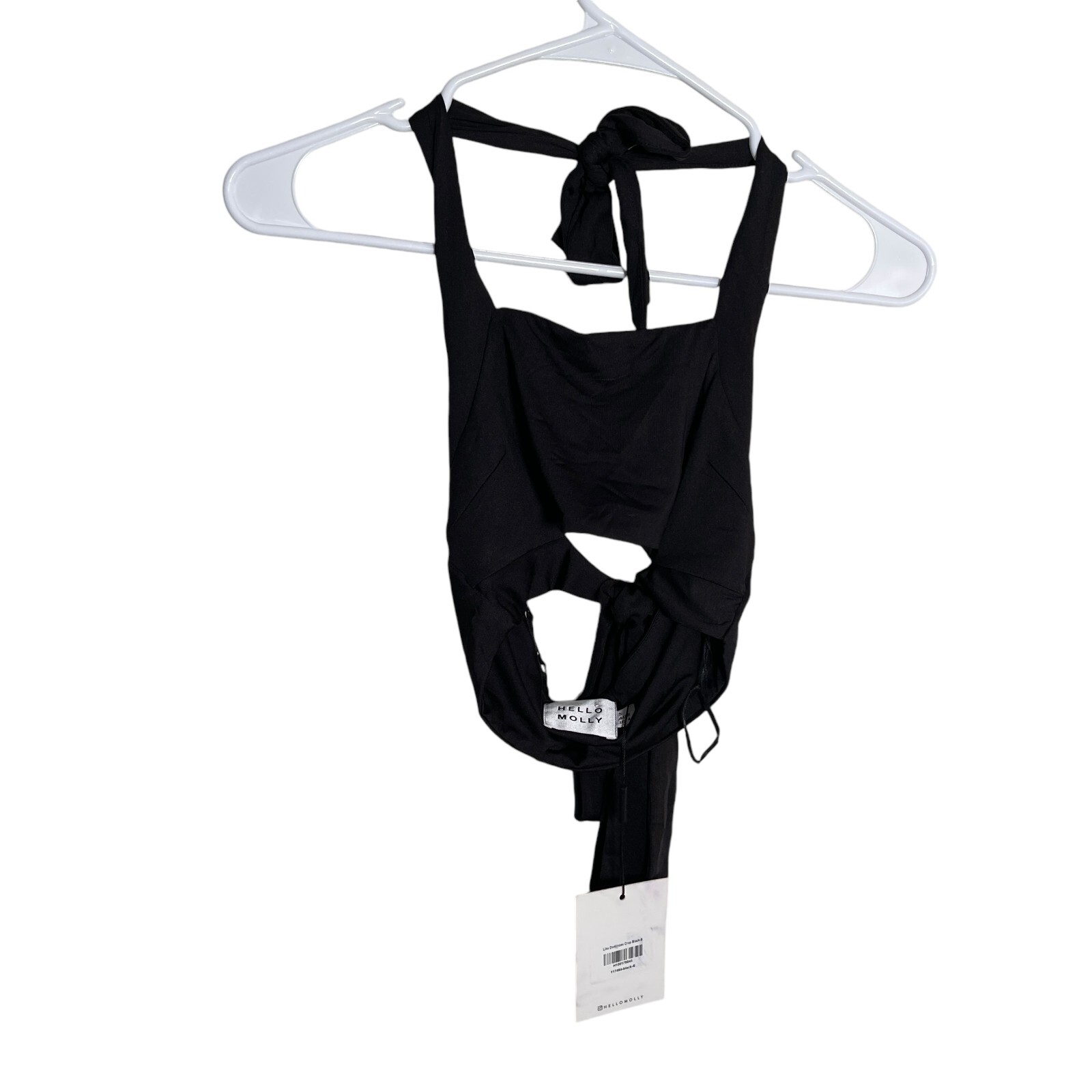 Hello Molly Halter Top Women’s Small Black Strappy Dominoes Crop Tie Shirt NWT