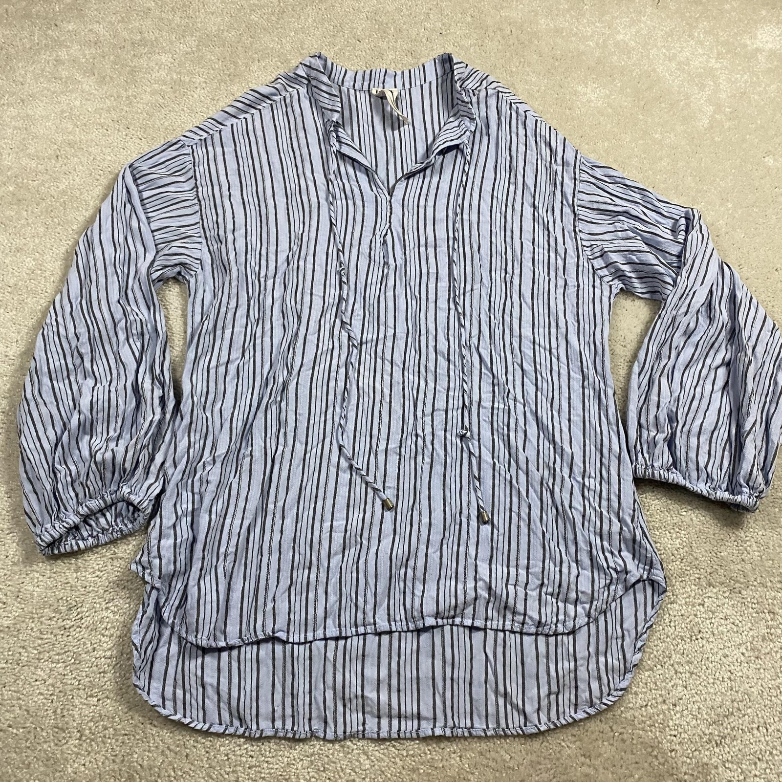 Free People Shirt Womens L Blue Striped V-Neck Balloon Sleeve Tunic Boho Gauzy