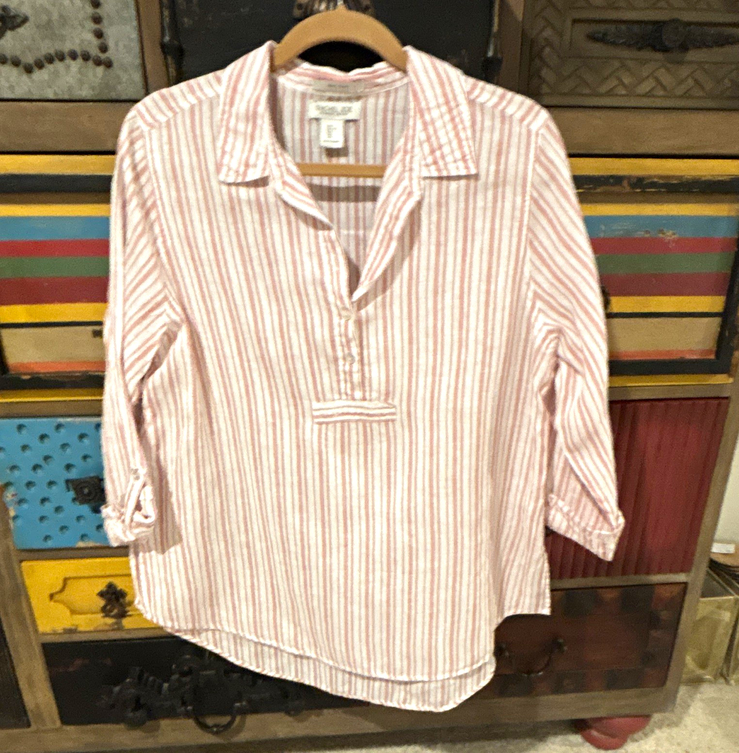 Rachel Zoe Women’s White Pink Striped Collared 3/4 Sleeve Linen Woven Blouse XS