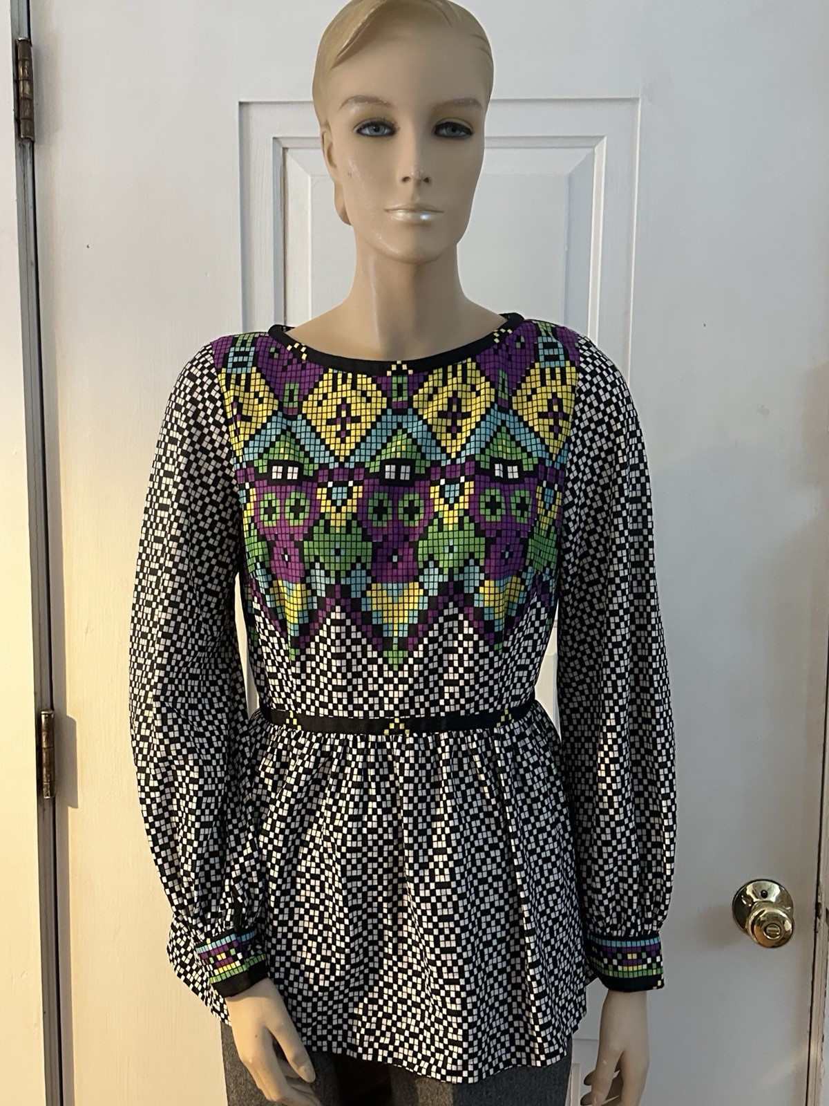 Vintage I.Magnin Graphic Blouse Empire Waist Pixelated B&W Checkerboard Morphew