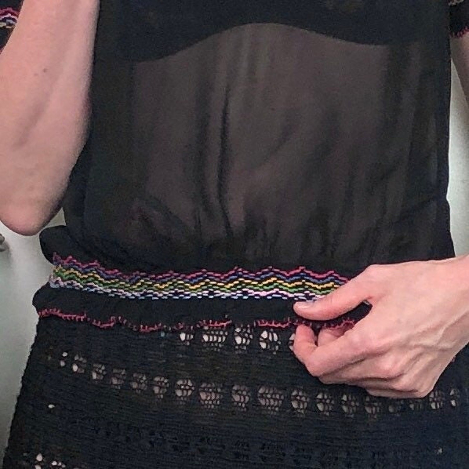 Vintage Embroidered Peasant Blouse, 1970s Sheer Black Rayon Georgette Top, XS-S