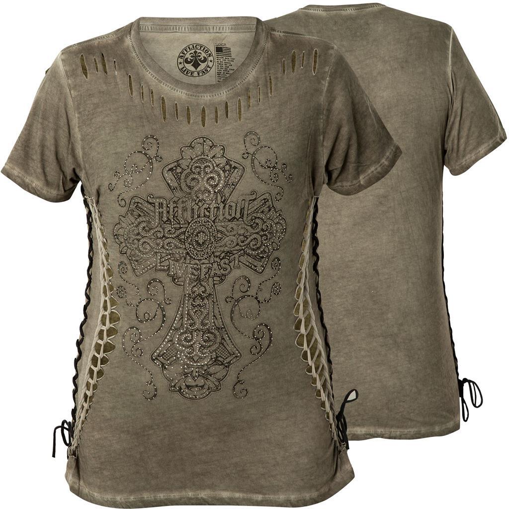 New Women’s Affliction Live Fast Rossellini Green Tee T-Shirt w/Stones XS-XL