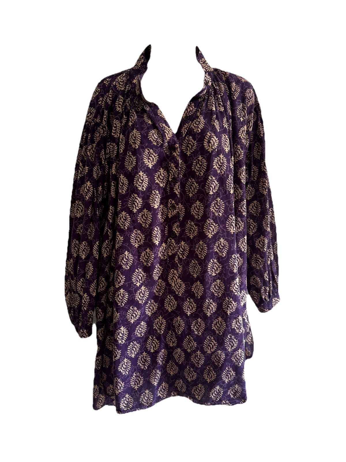 Madame Hall Tunic Top One Size Purple Beige Print Blousy Oversized Pockets