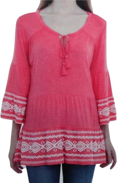 RXB NWT Women M Coral Modal Knit Boho Peasant Tunic Blouse Ruffle Sleeves & Hem