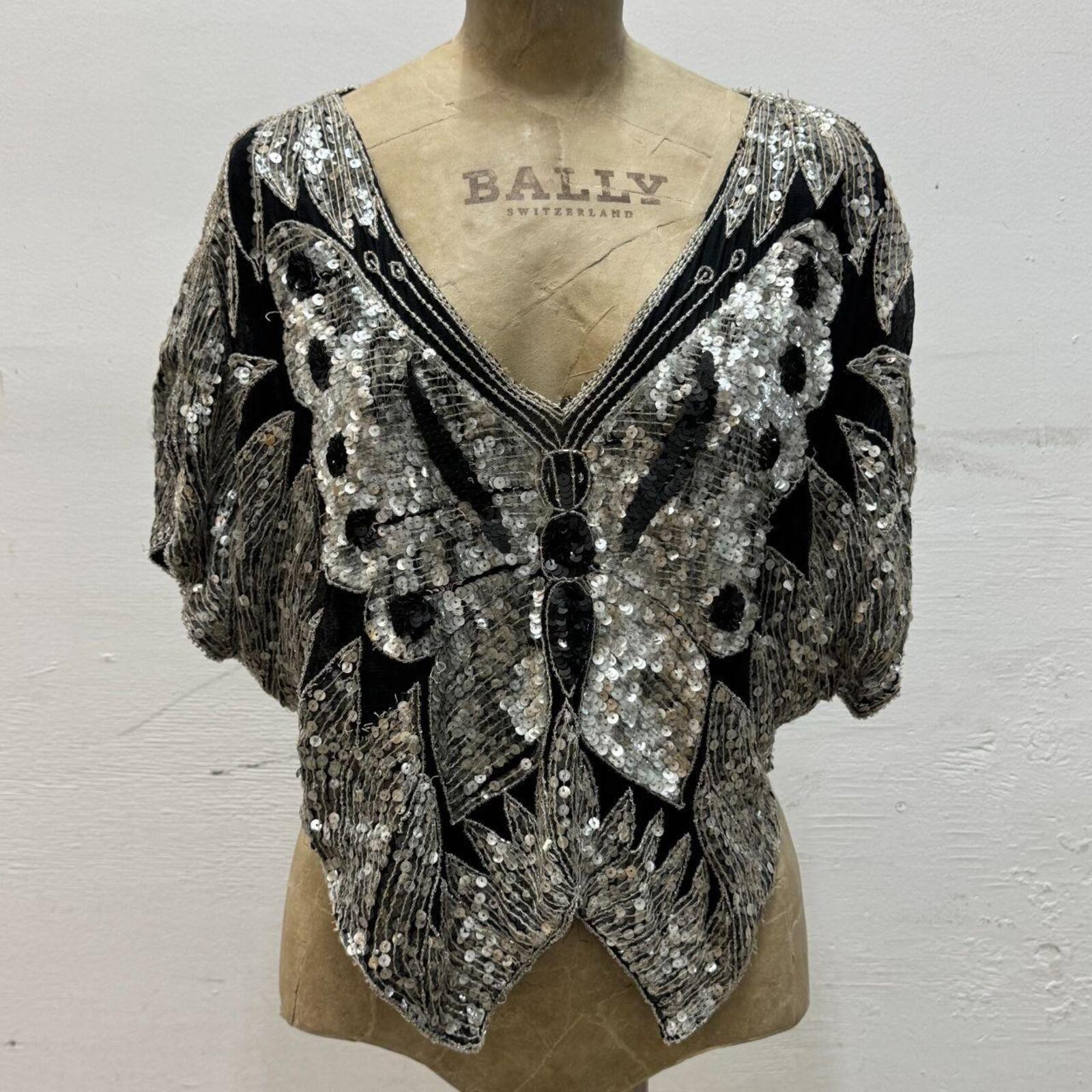 Vintage Broadway Costume 70s Silver Sequin Beaded Butterfly Silk Fairy Top