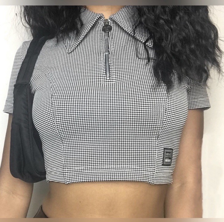Versace Vintage Jeans Couture Black White Check Crop Top Sm Stretch 90s Y2K