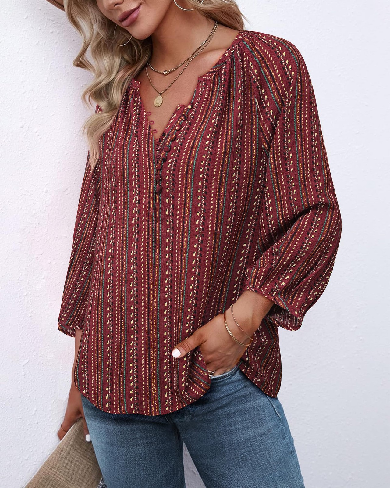 Triratna Women’s Tops and Blouses 3/4 Sleeve – Dark Red, Wine Red, Size XL