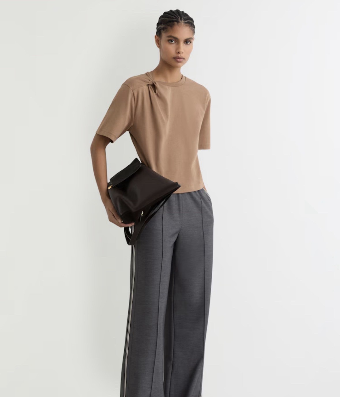 Reiss Cotton Twist-Detail Boxy T-Shirt in Taupe Brown M