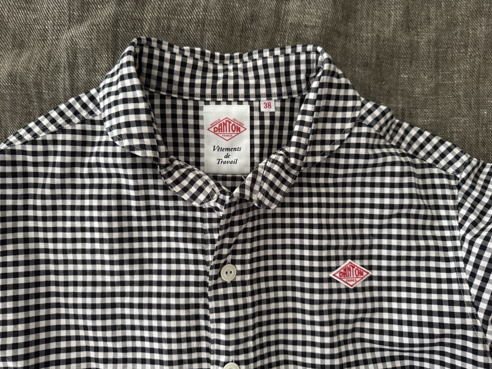 Danton Round Collar Pull Over Cotton Twill Shirt — Black x Ecru Gingham – 38