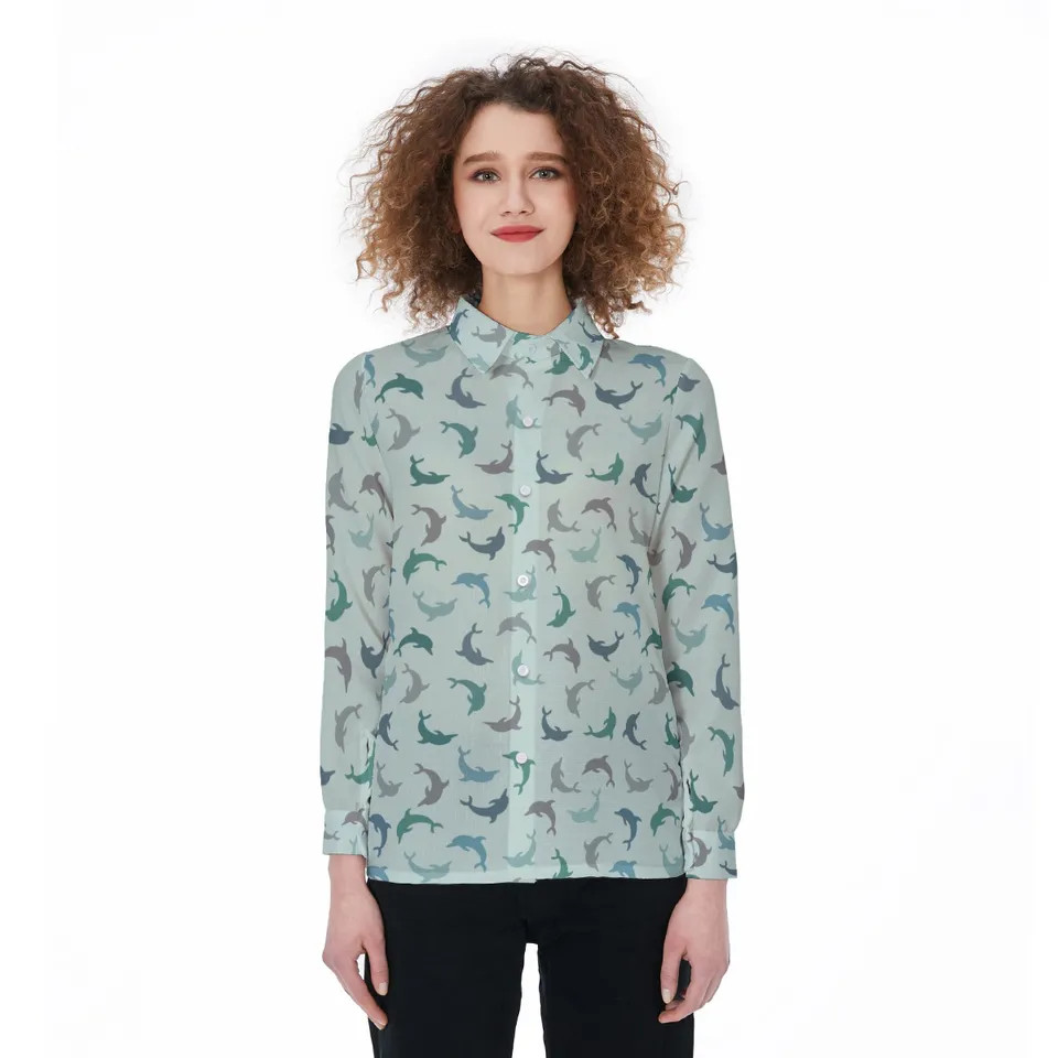 Cute Green Blue Dolphin Ocean Print Button Down Blouse Sea Lover Gift Her