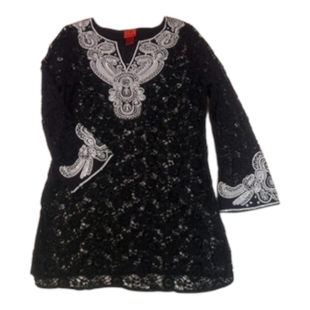 V Cristina Black Lace Embroidered Tunic Top Size Medium