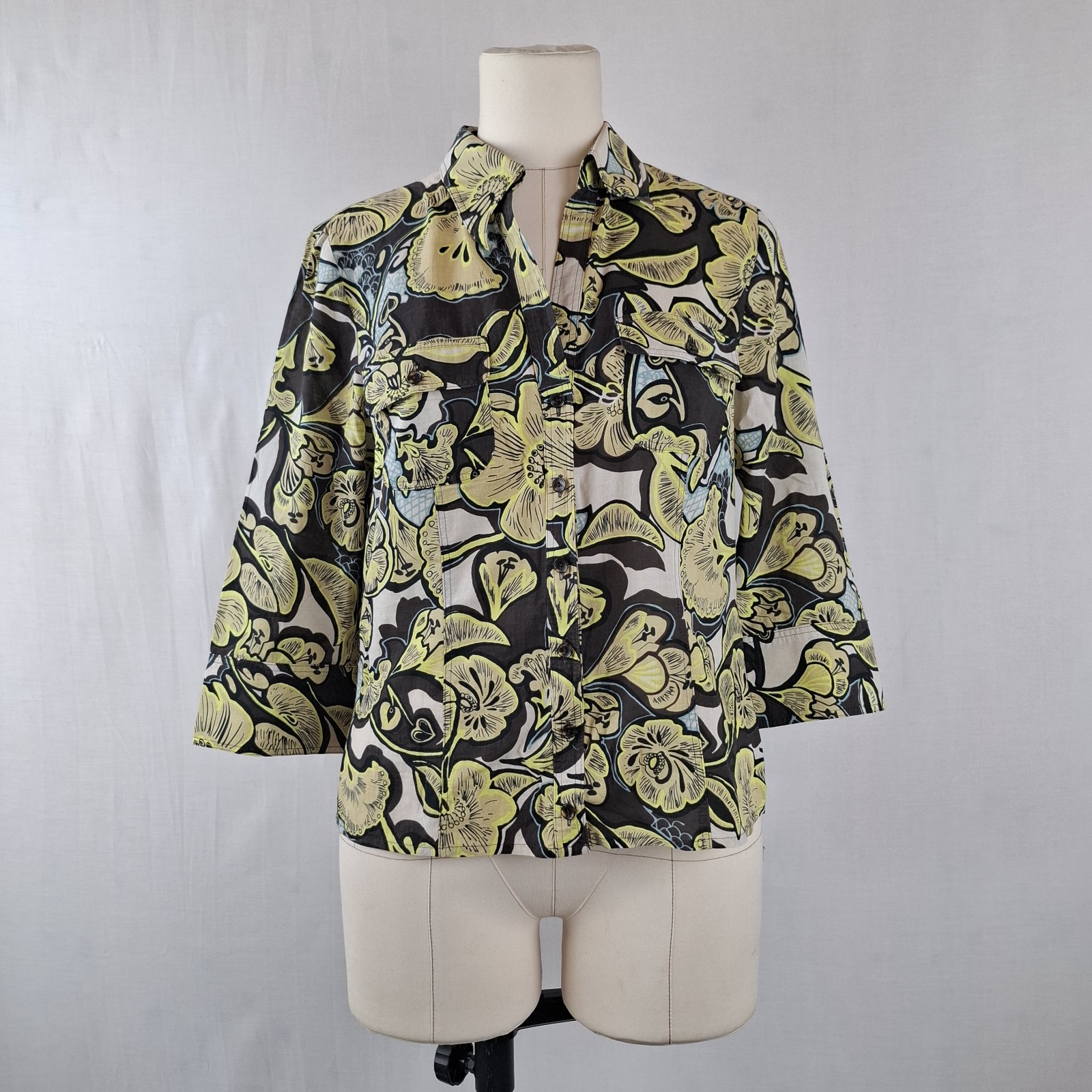 Y2K Vintage Betty Barclay Floral Blouse V Neck 3/4 Sleeve Brown Yellow UK 12 RI