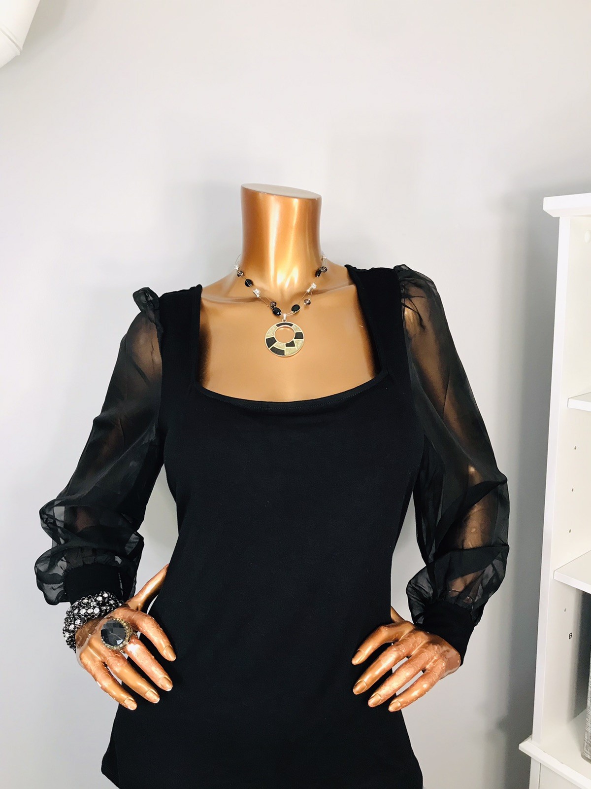 ELOQUII 14/16 or L Top Stretch Black NWT Long Sheer Sleeves Blouse Square Neck