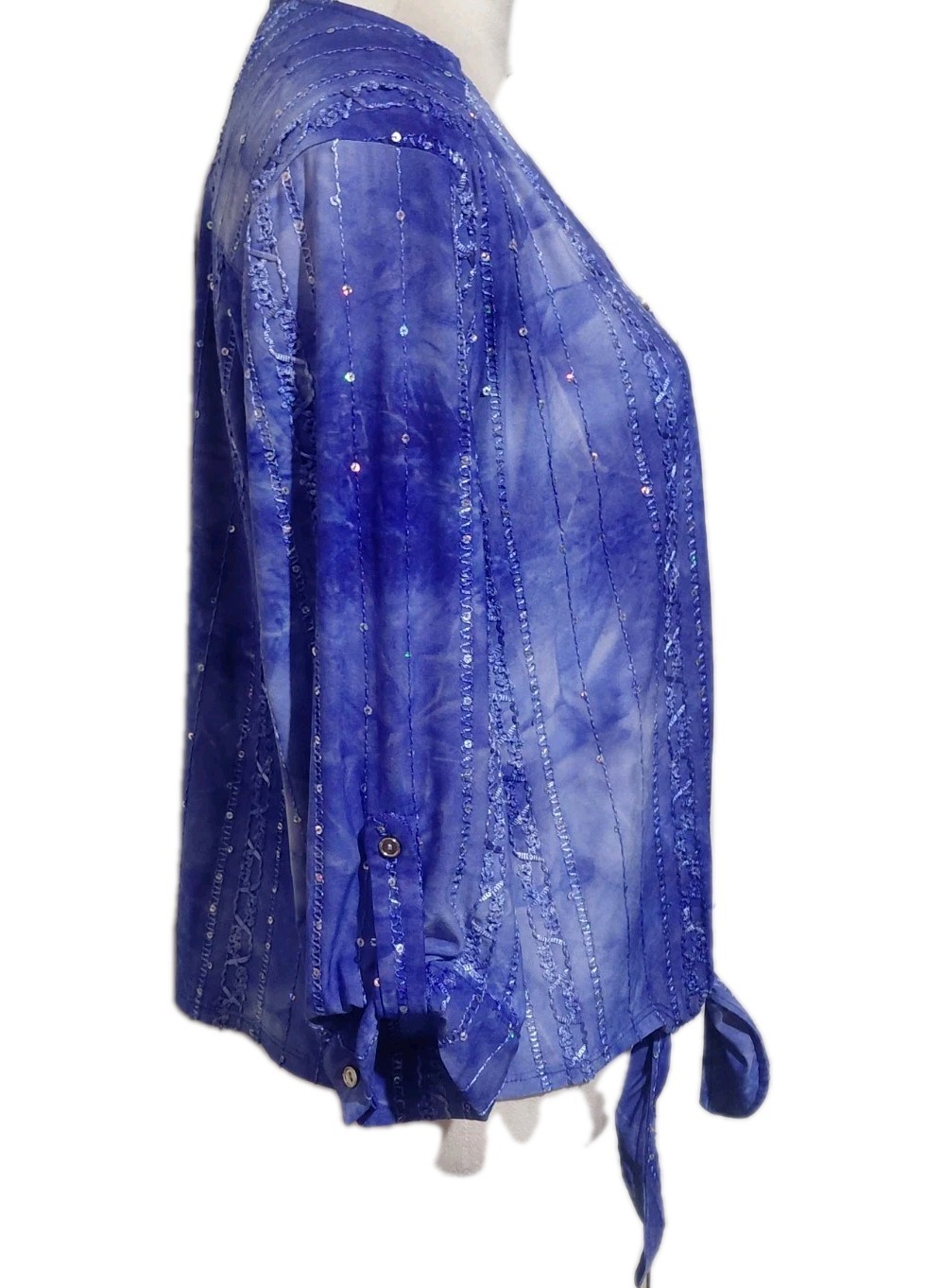 Coral Bay Petite Blue Tie-Dye Embroidered Sequin Top Tie Waist SZ Large Sparkle