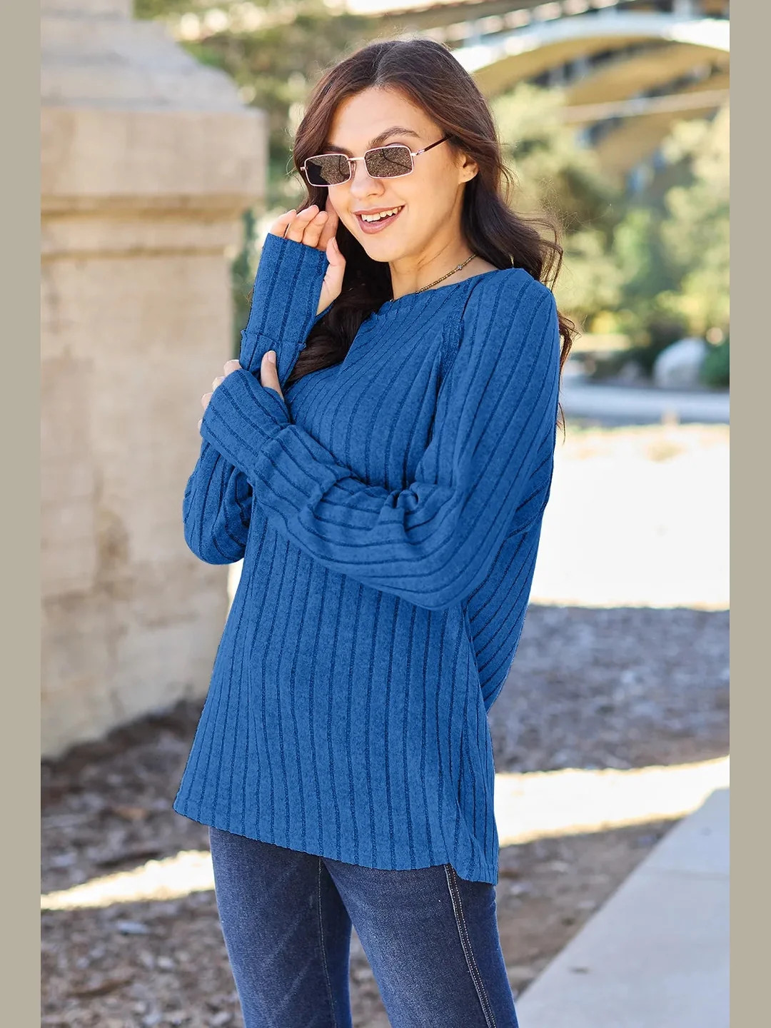 Basic Bae Full Size Ribbed Round Neck Long Sleeve Knit Top