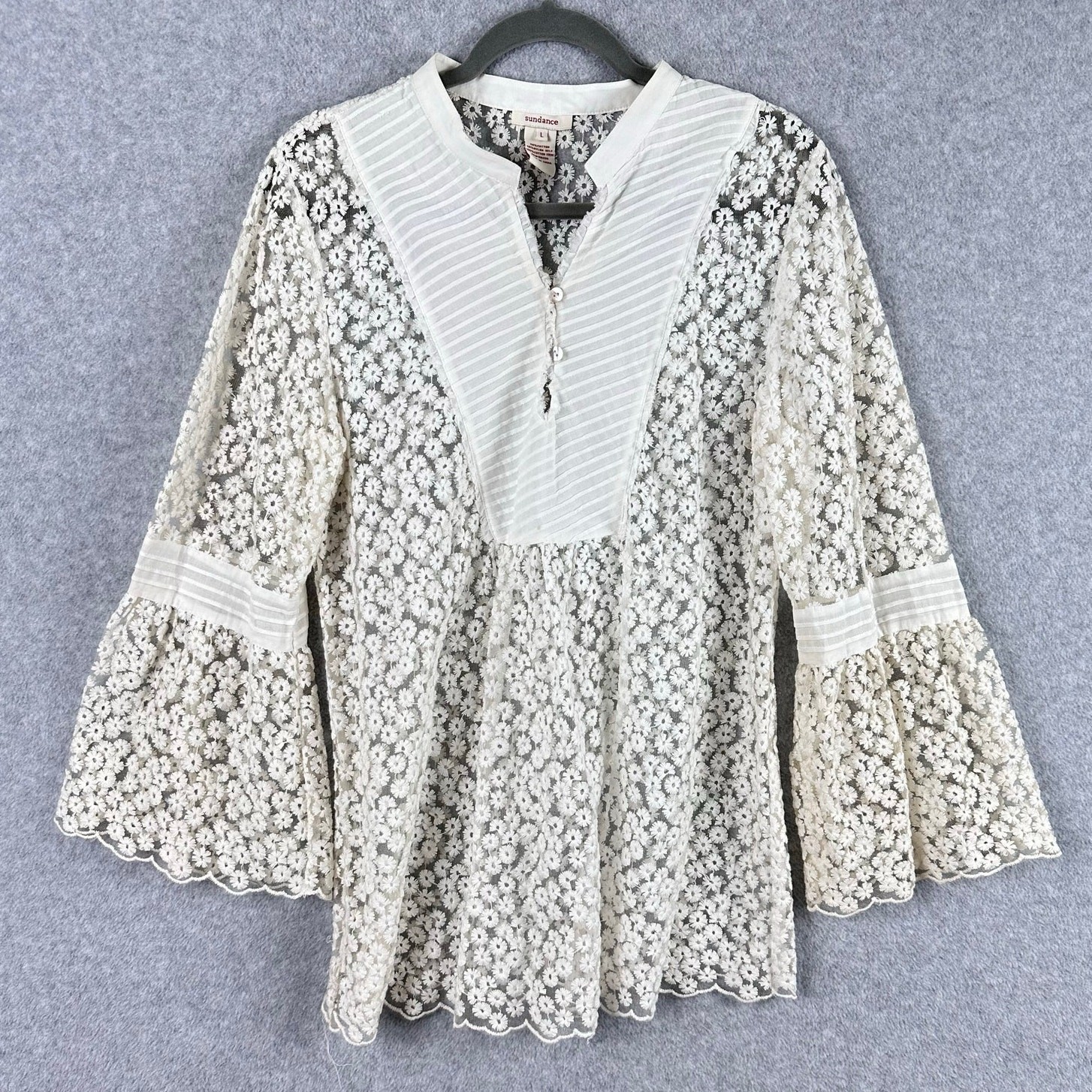 Sundance Floral Lace Blouse Size L Cream White Bell Sleeve Hippie See Through