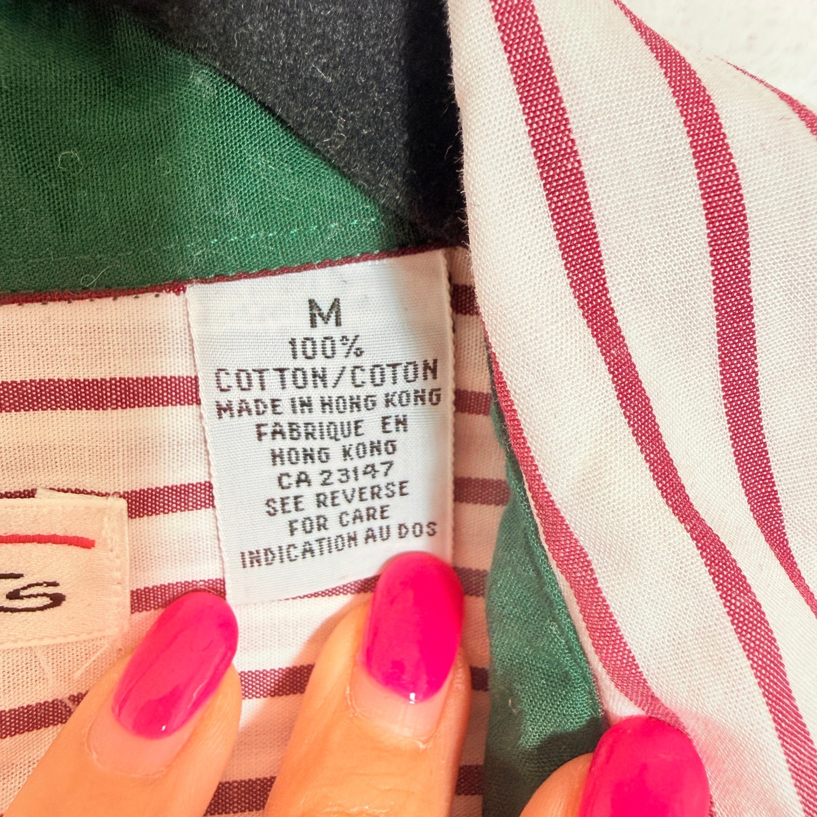 VTG 90s Talbots Womens Red White Striped Cotton Button Down Shirt Green Trim Med