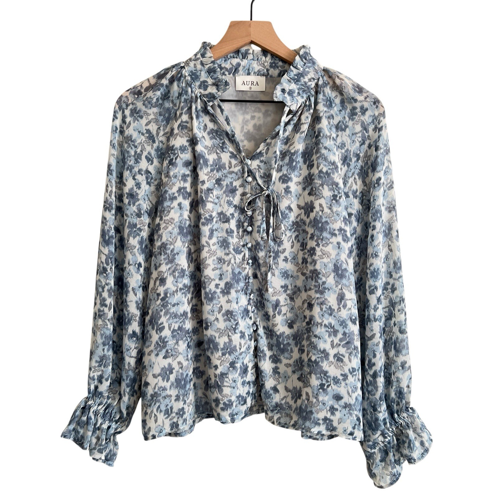 Aura Blue Floral Printed Ruffle Long Sleeve Blouse Size Small