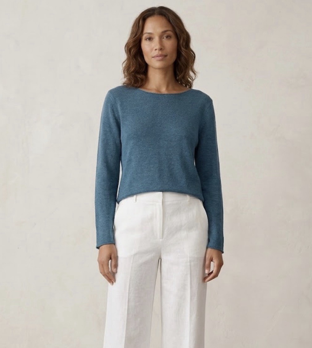 Eileen Fisher Fine Gauge Drape Linen Boatneck Knit Top Size PL