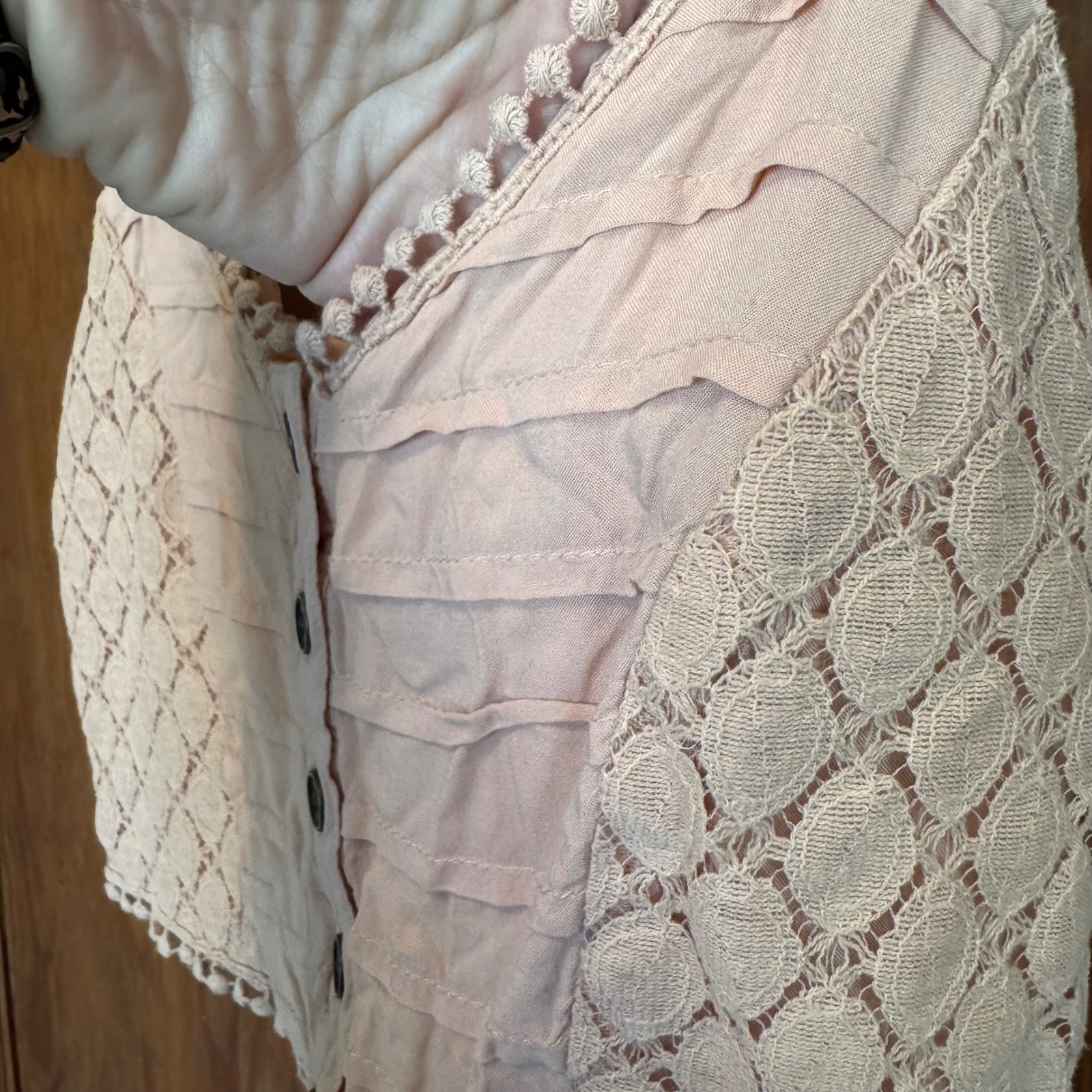 Pink Crochet Lace Smocked Button Up Crop Top Boho Festival L Coquette Fairy Fem
