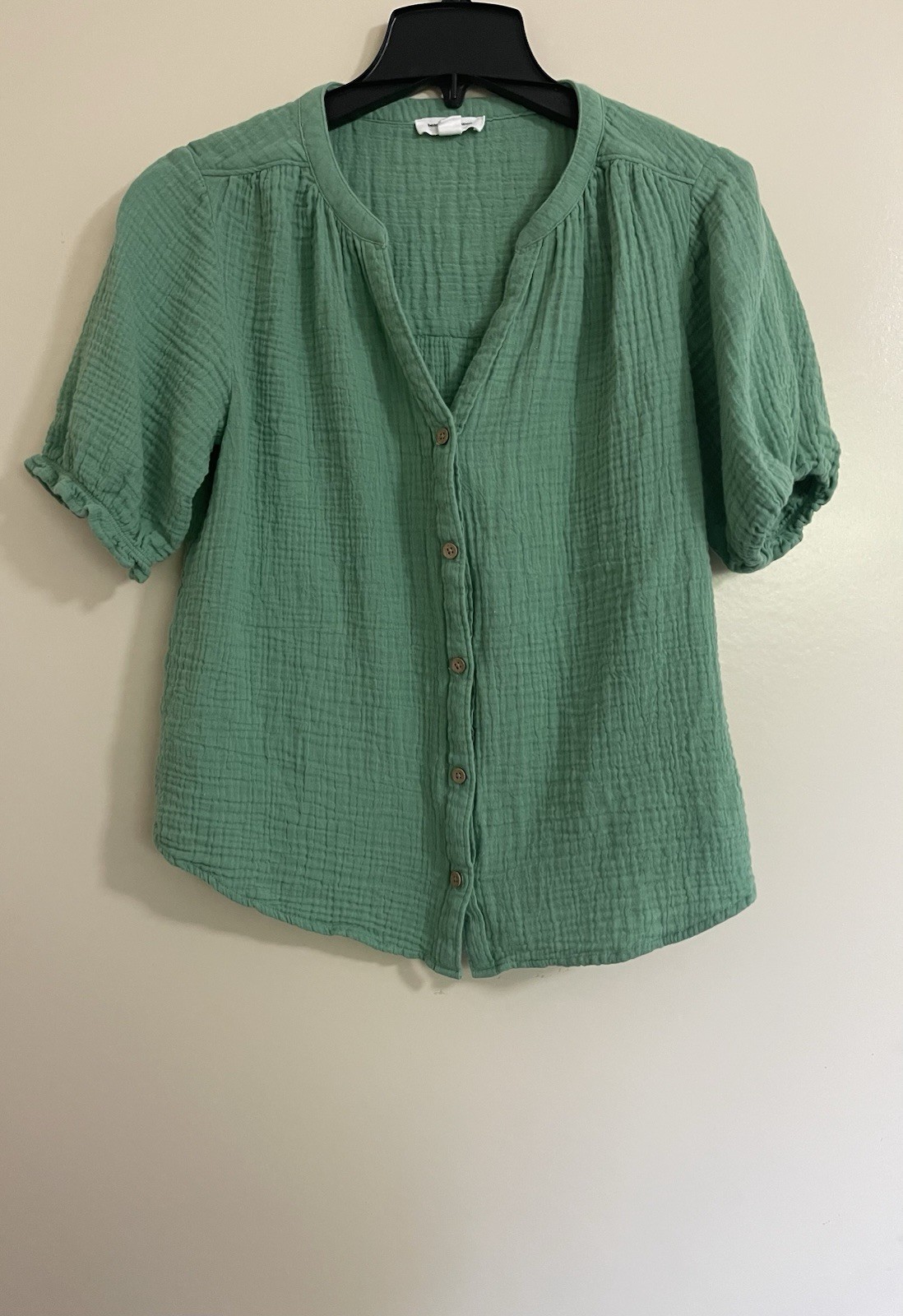 Beach Lunch Lounge Short Sleeve Ribbed Quilted Button Top Blouse Green Sz XS