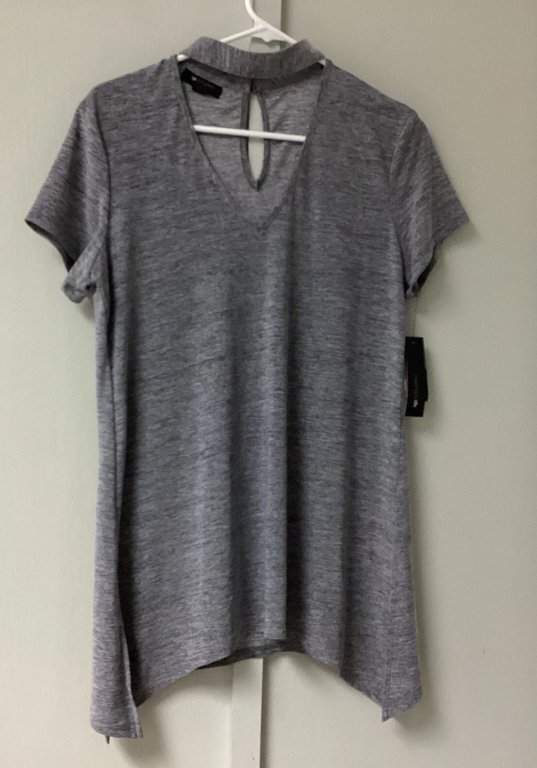 NWT AB Studio Women’s Size Medium Blouse Top Chocker Neckline Silver Gray Short
