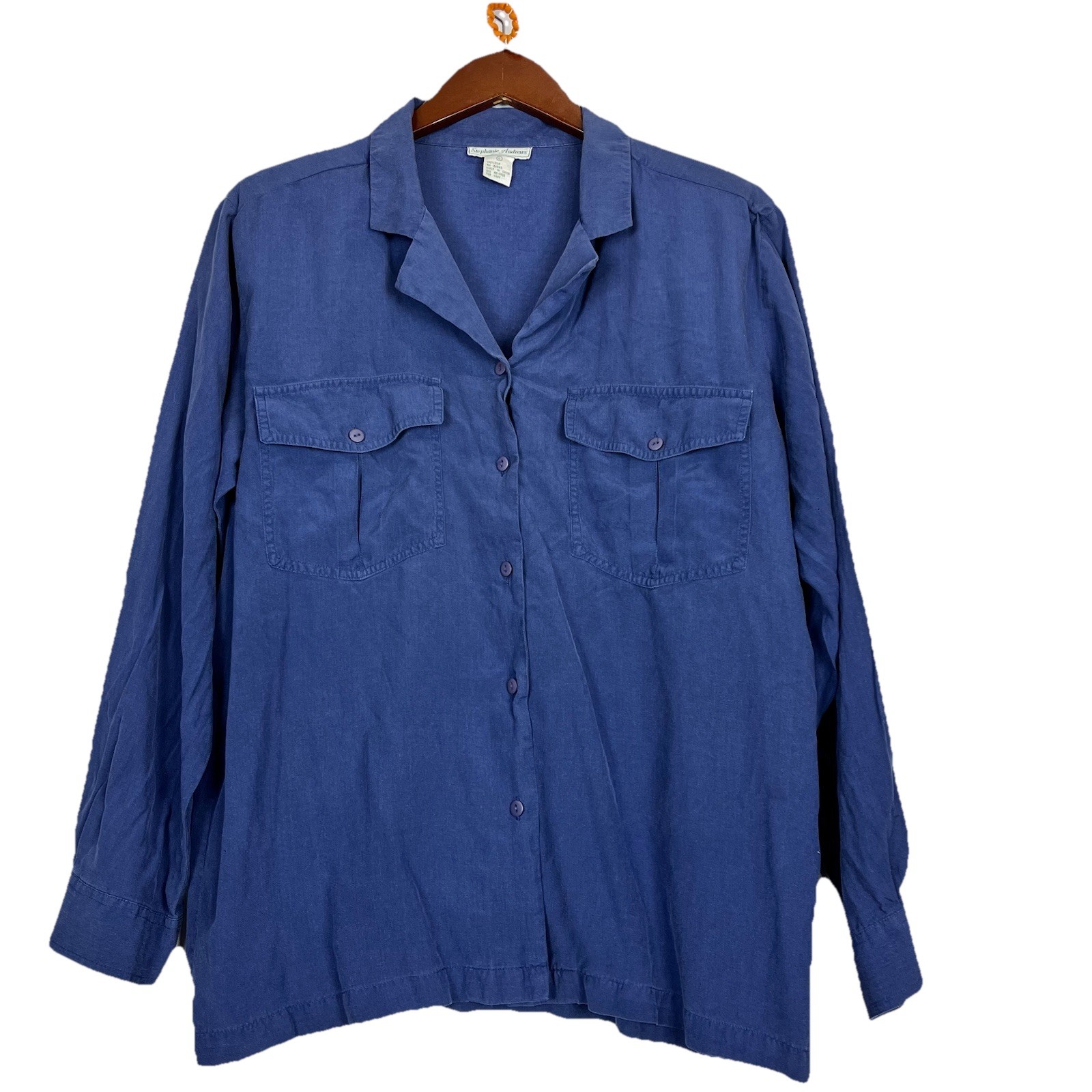 100% Silk Crepe Blouse Blue Button Front Women Size L Matte Lightweight