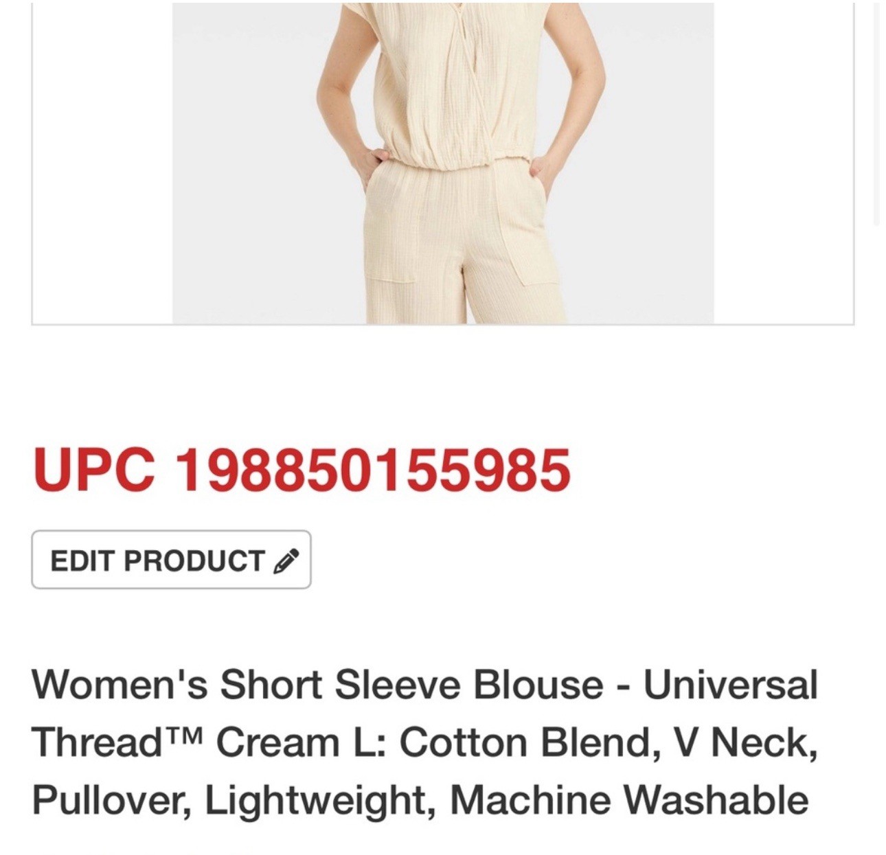 Universal Thread Cream Cropped Top Size Large Bin 36p