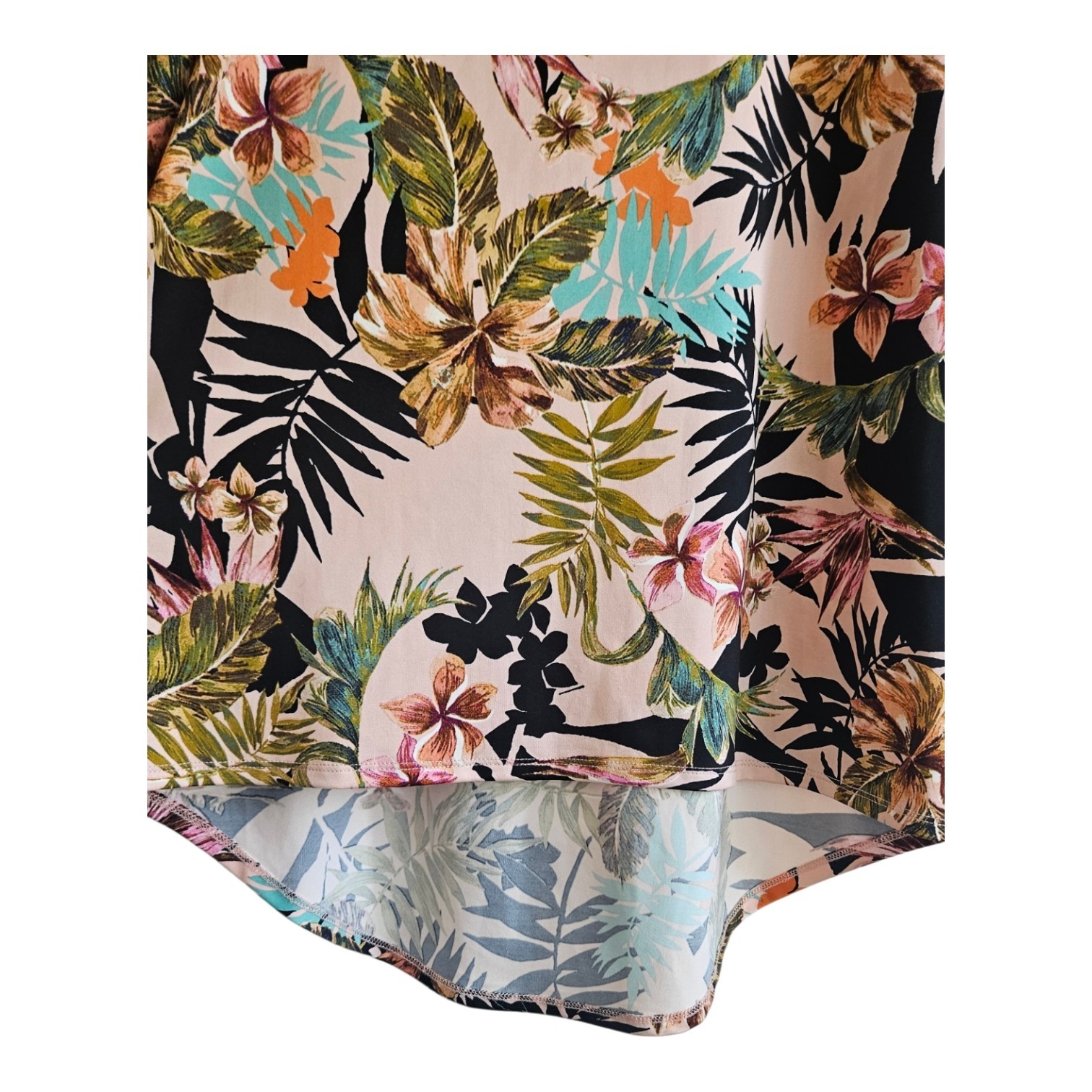 Tacera Womens Size S Top S/S Stretch Floral Tropical Drop Tail Hem