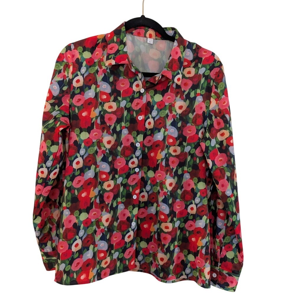 Floral Poppy Button-Up Blouse Coral, Butter Yellow, Rainbow Sz L Teacher Spring