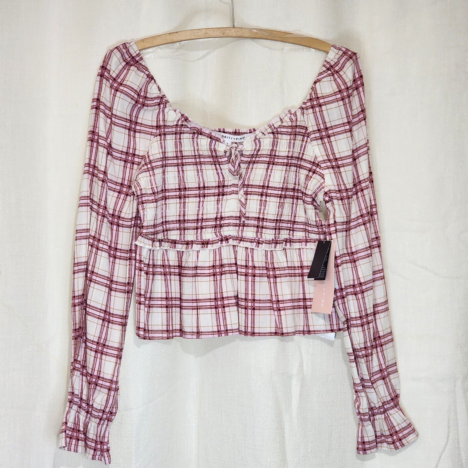 Celebrity Pink Women’s Junior’s Top Smocked Ruffled Long Sleeve Plaid XS NWT