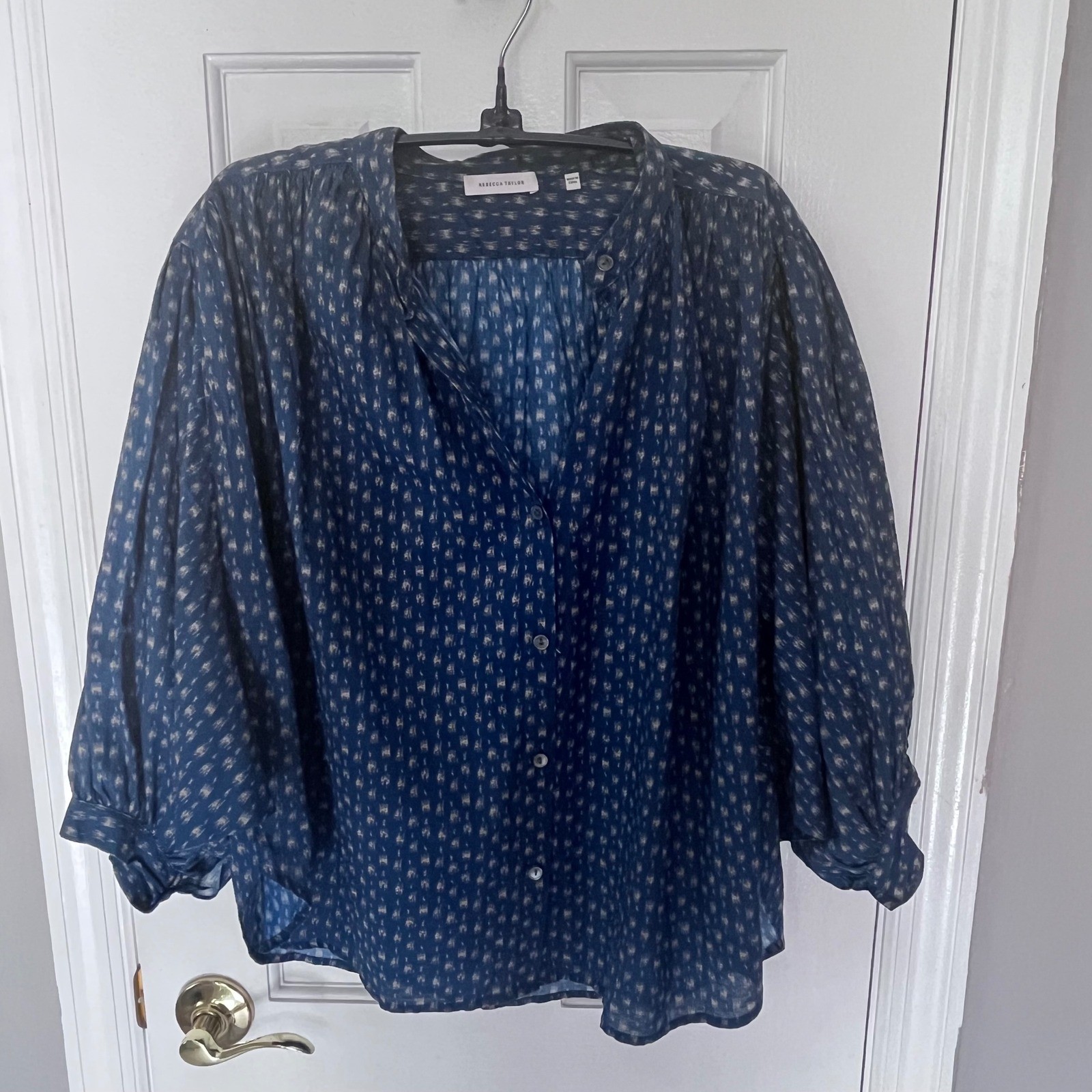 Rebecca Taylor 100% Cotton Blue Ikat Print Popover Blouse Women’s M Boho