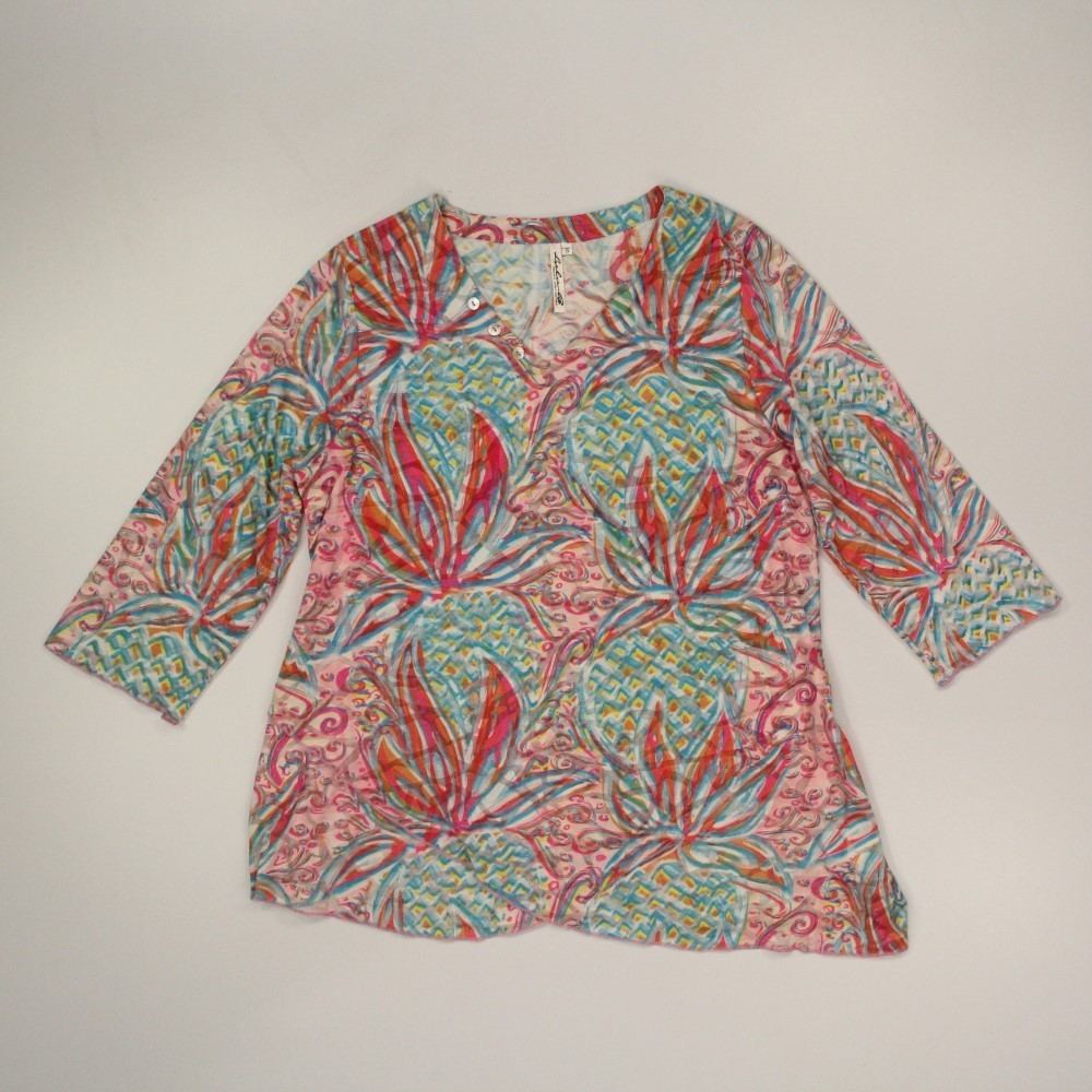Lulu B Women’s Asymmetrical Tunic Top Size Small Floral 3/4 Sleeve Lightweight