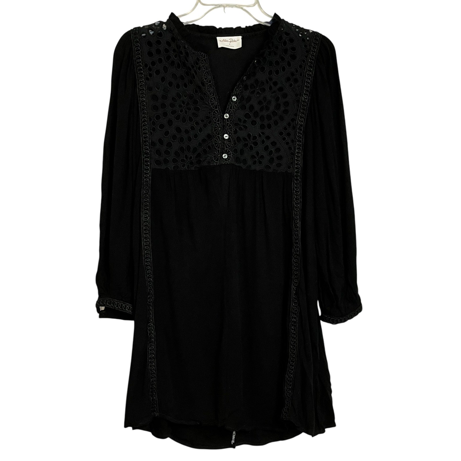Allie Rose Black Tunic Top Small Long Sleeve Eyelet Trim Cottagecore Whimsygoth