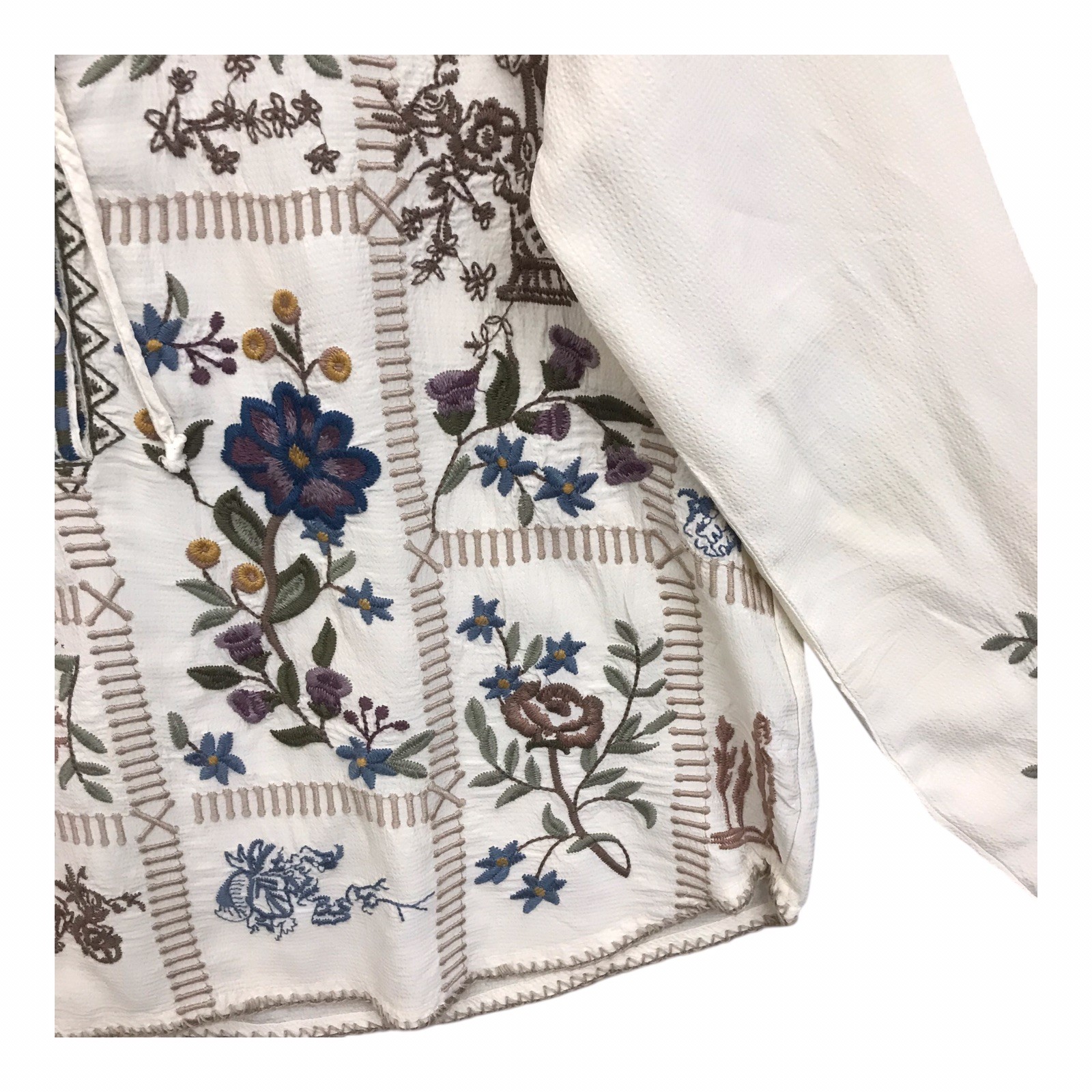 Johnny Was Mabel Tunic Top In Shell Embroidered Floral Boho Boxy Sz XS