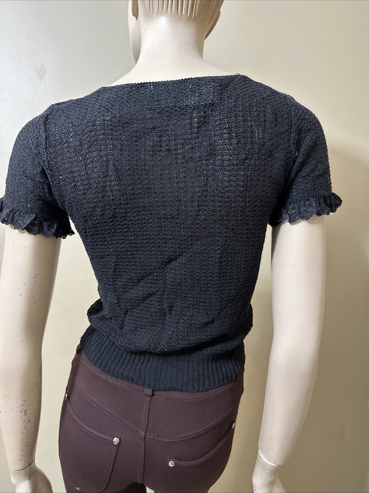 Women’s Black Cotton Crochet Casual Stretch Slim Sheer Lace Beaded One Size Top
