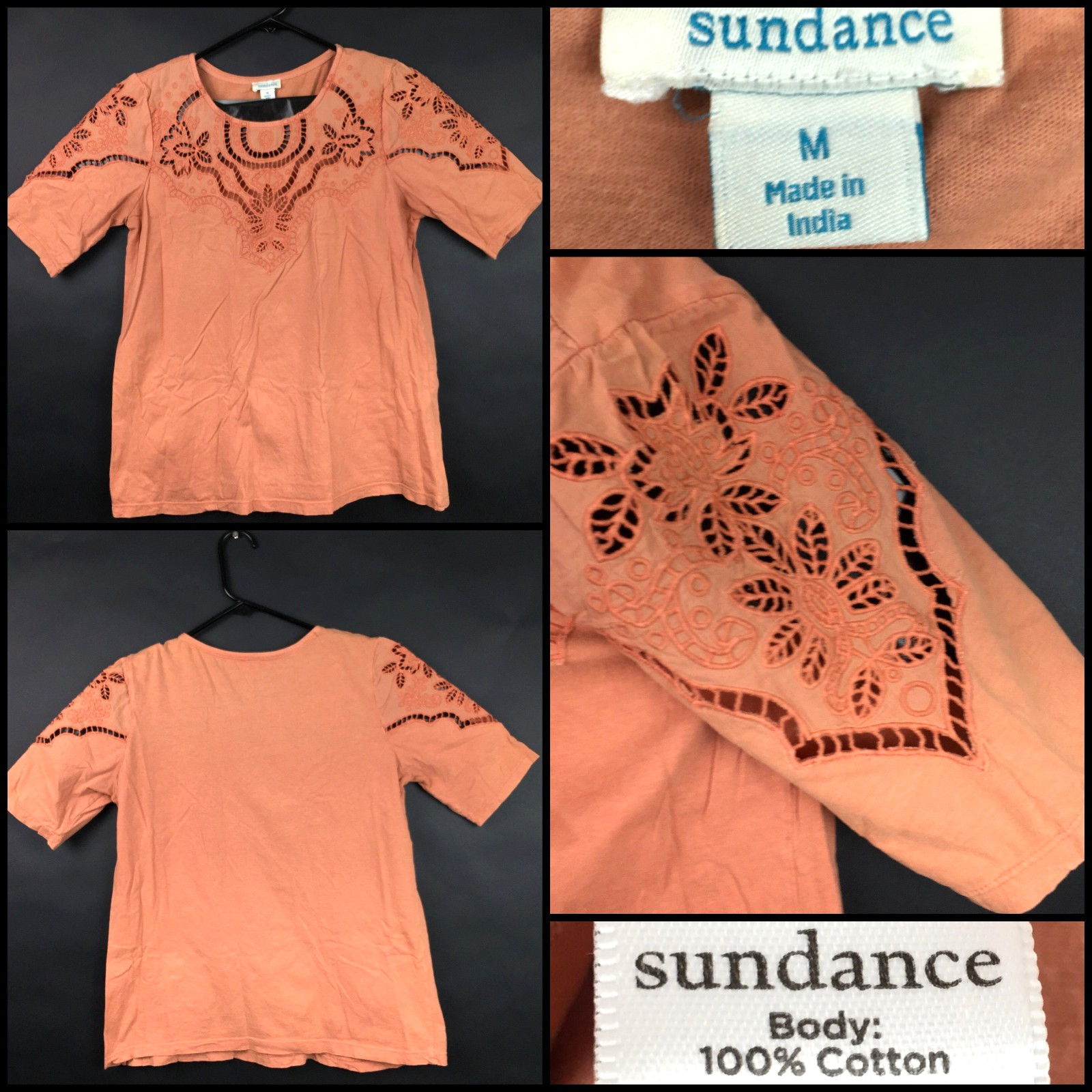 Sundance Womens Medium (36 in Bust) Peach Coral Filigree Cutout Cotton Crew Tee