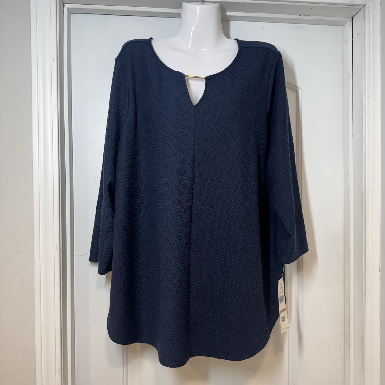 NWT Ruby Rd Textured Knit Tunic Womens 2X Plus Navy Blue Gold Bar 3/4 Sleeve